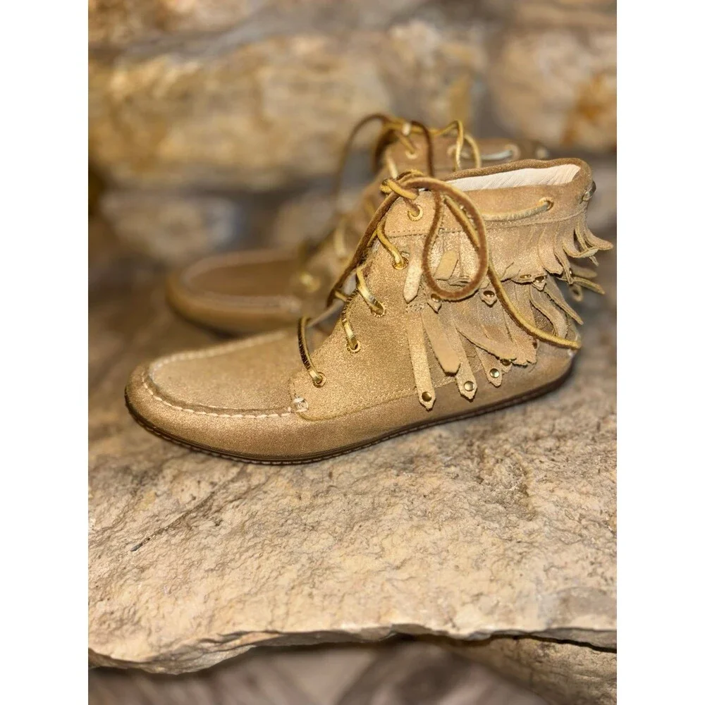 SPERRY Gold Sheen Suede Tiered Studded Fringe Ankle Lace Up Moccasins Shoes 8.5 - Picture 3 of 8